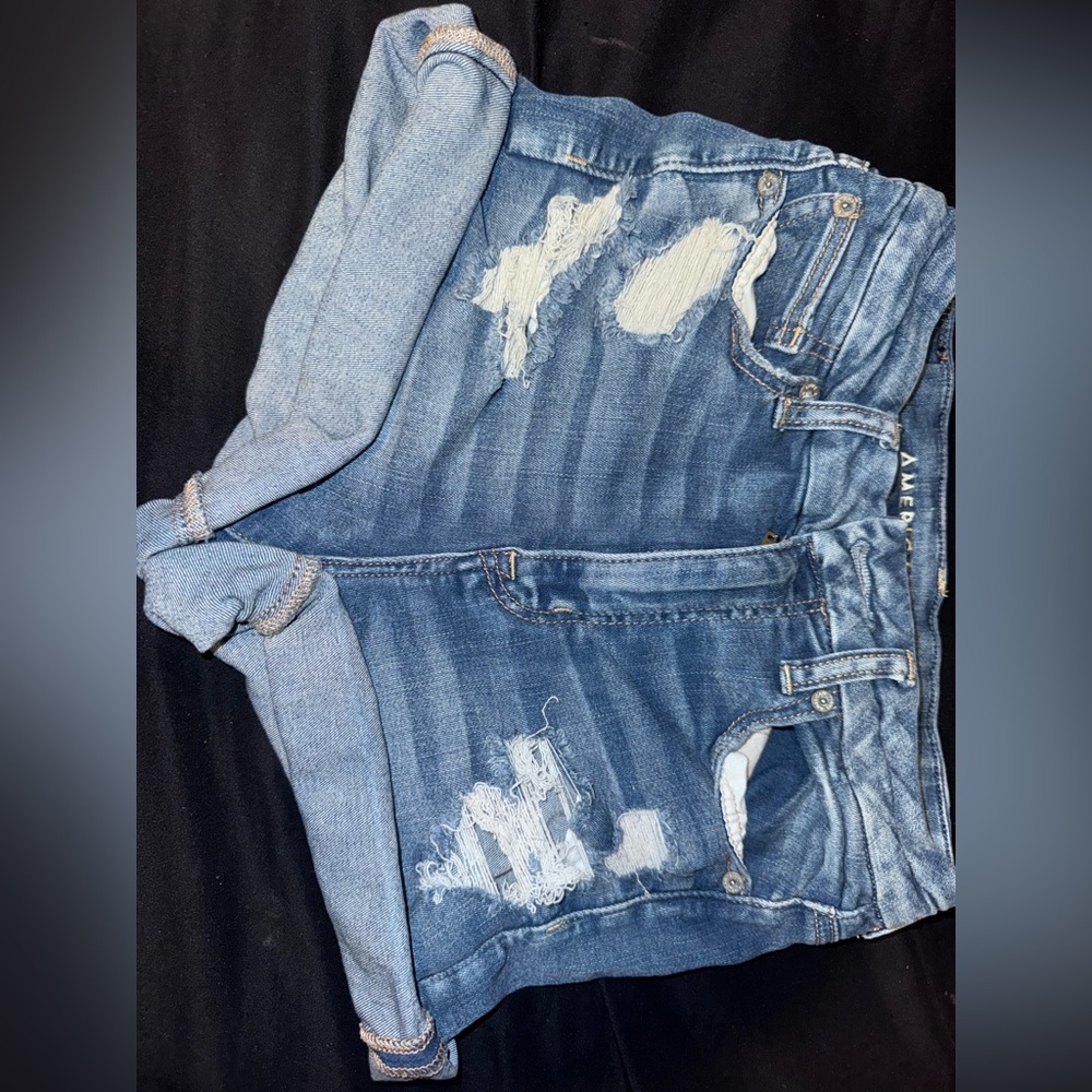 American Eagle Outfitters Distressed Rolled-Hem Denim Shorts - Light Blue